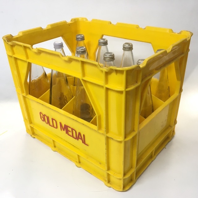 CRATE, Yellow Plastic 'Gold Medal' w Soft Drink Bottles